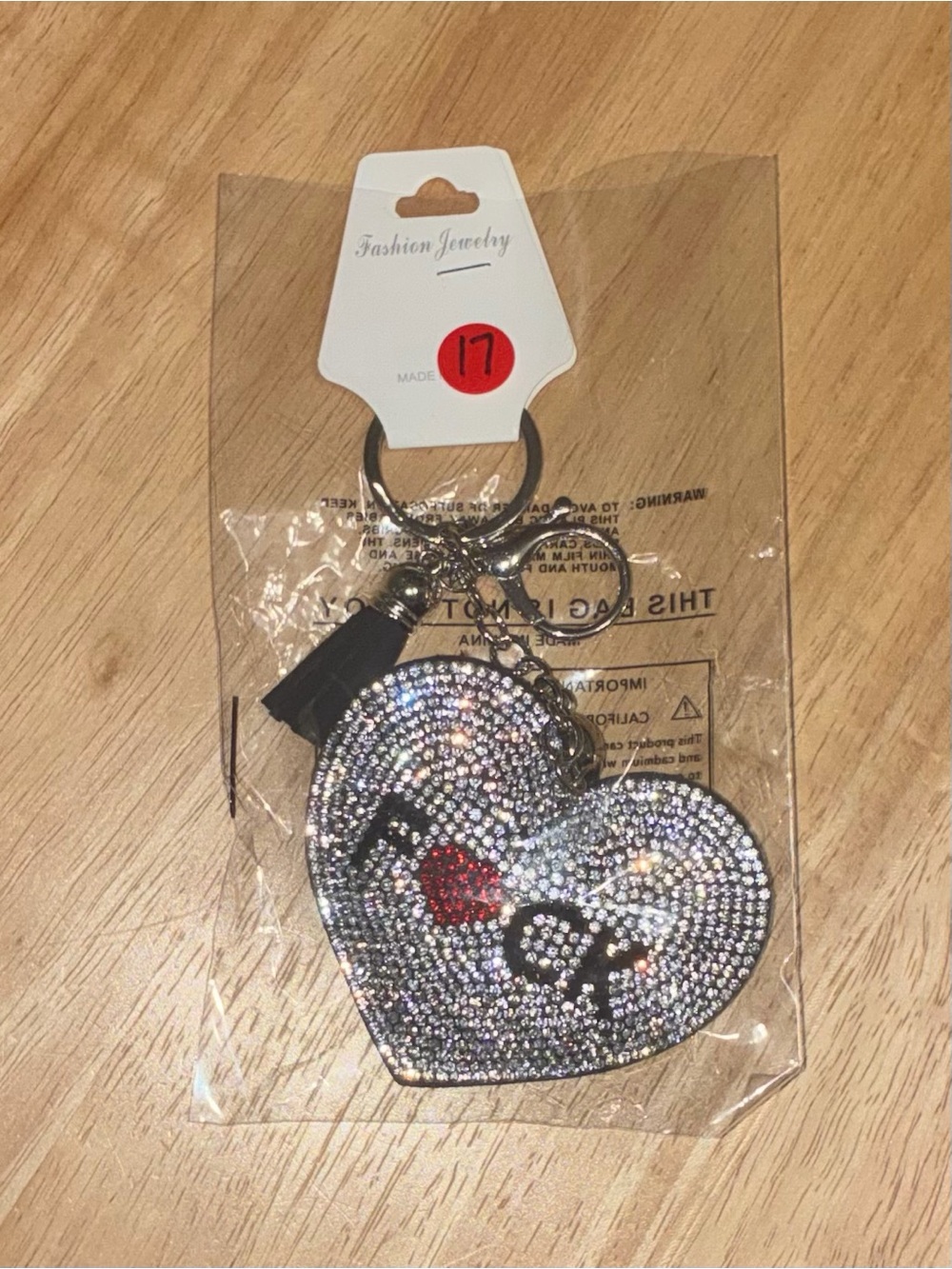 Fashion Jewelry Silver Rhinestone Heart Keyring with Red Heart Accent